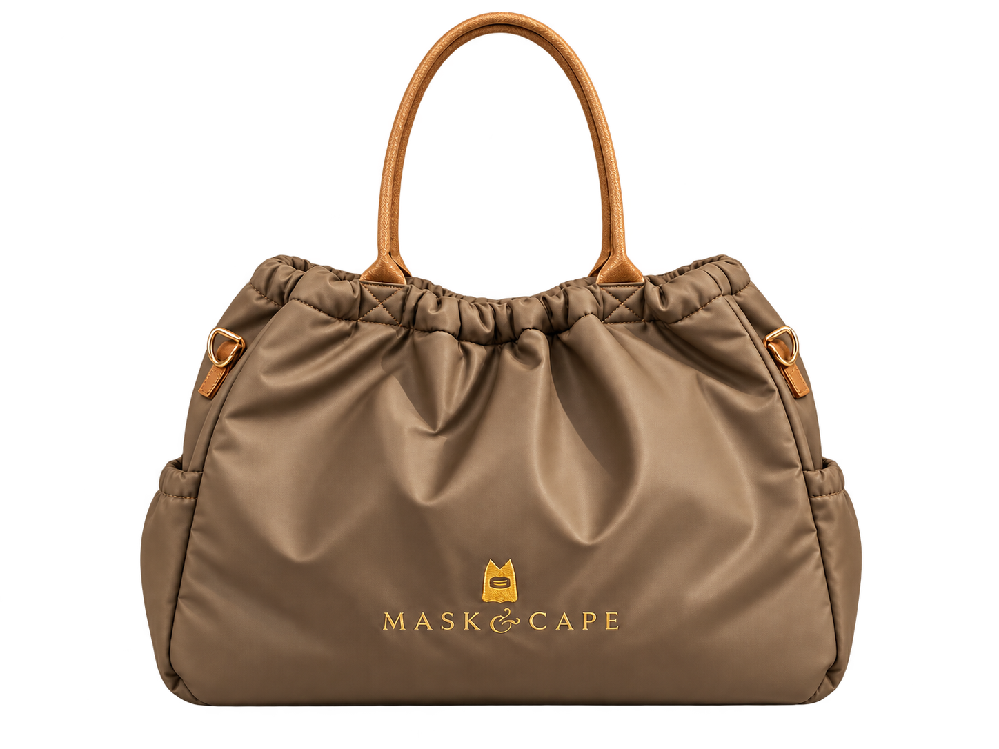 Shift Tote front with embroidered gold Mask & Cape logo